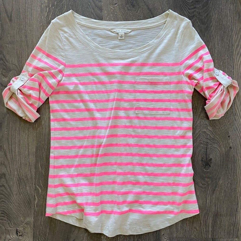 Banana Republic Pima Cotton Hot Pink White Cream Short Sleeve Blouse Top Shirt S